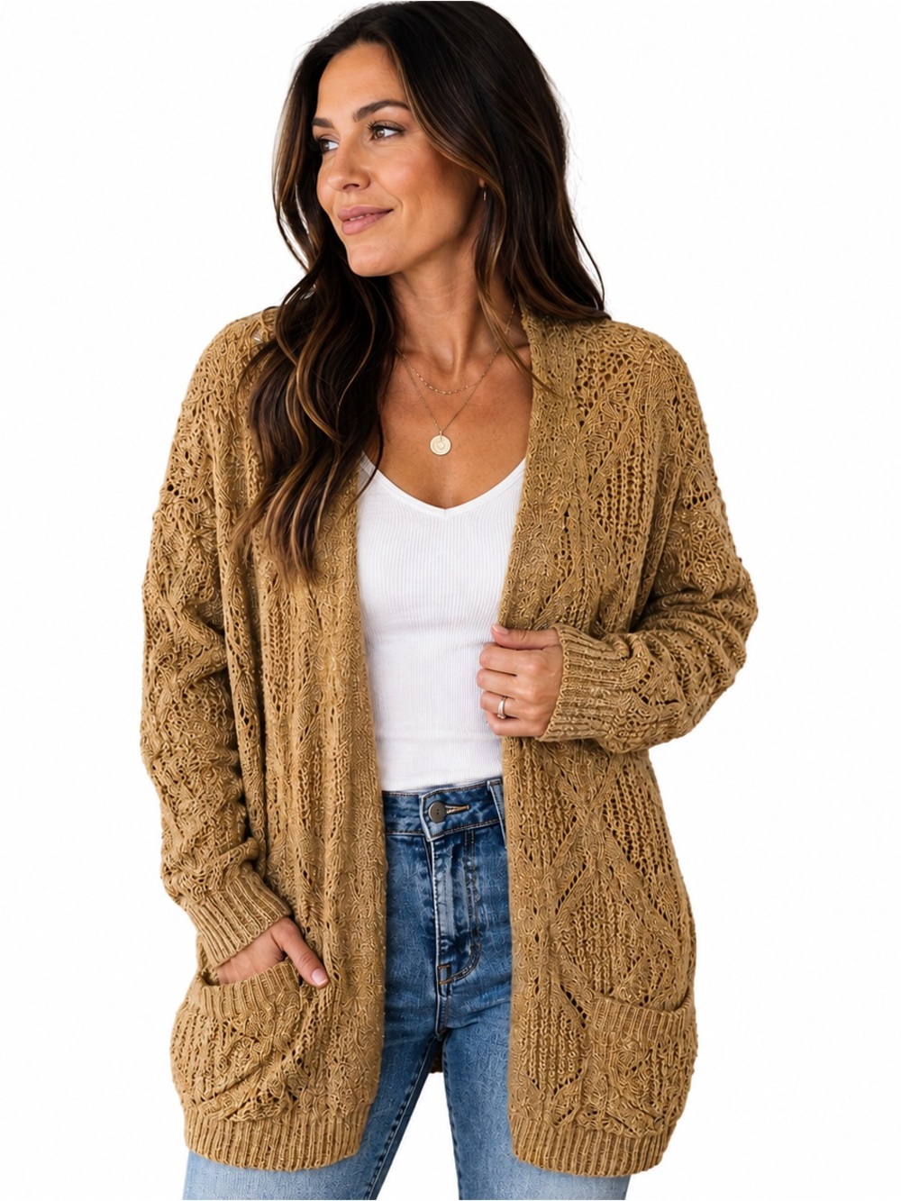 NWT Hippie Rose Camel Tan Pointelle Cable Knit Open Front Cardigan